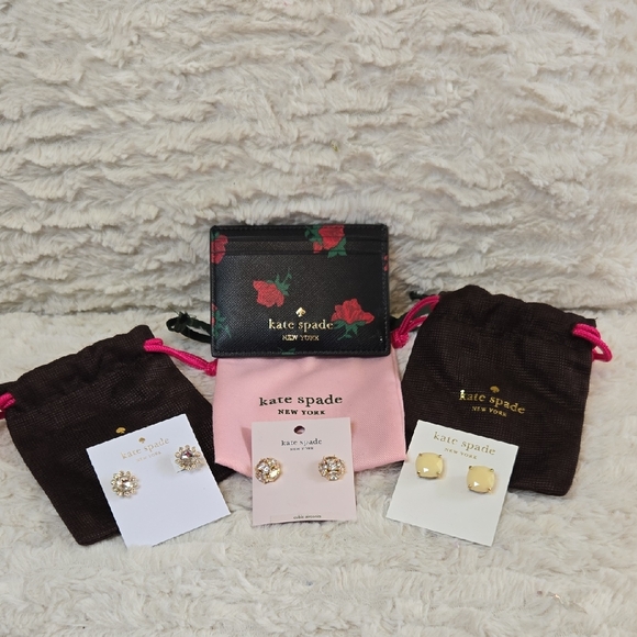 kate spade Accessories - Kate Spade Black Floral Id Card Holder NWT 3 Pair Of Earings With Bags NWT BUNDL